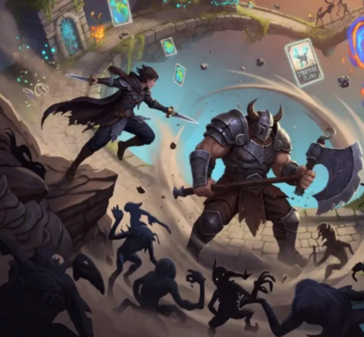 Hero archetypes clashing with enemies along a dark looping road