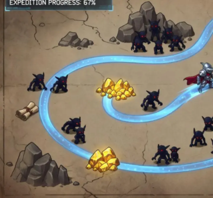 Hero automatically marching along a looping path, battling enemies and gathering resources.