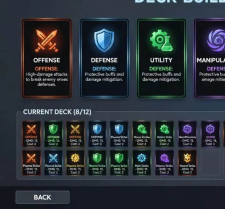 Deck builder interface showing different card rarities in Look B.V..