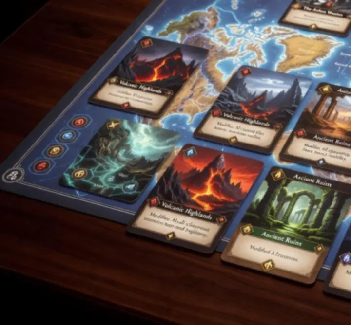 Strategic map view showing cards placed around a looping road to control enemies and resources.