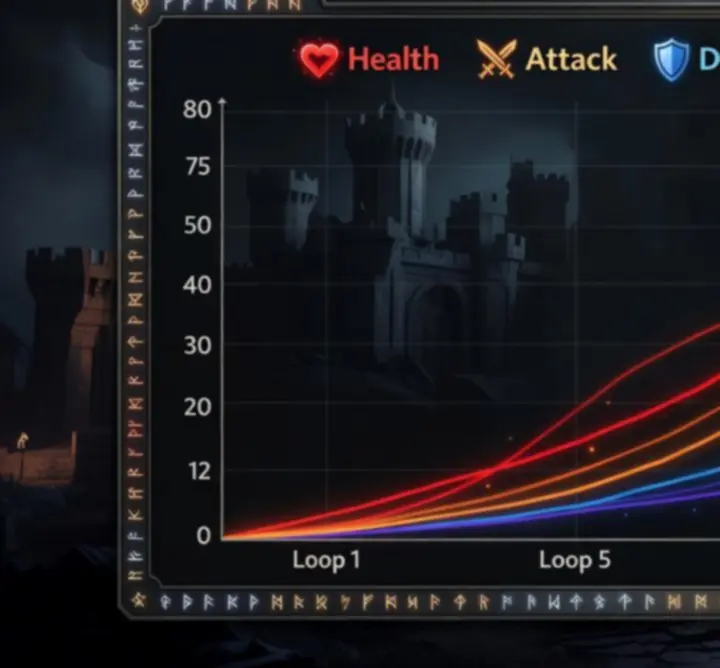 Graph-style visualisation of stat progression across loops for different hero classes