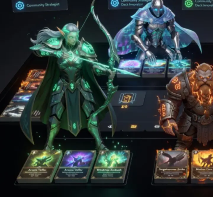 Showcase grid of community-created hero builds and card decks.