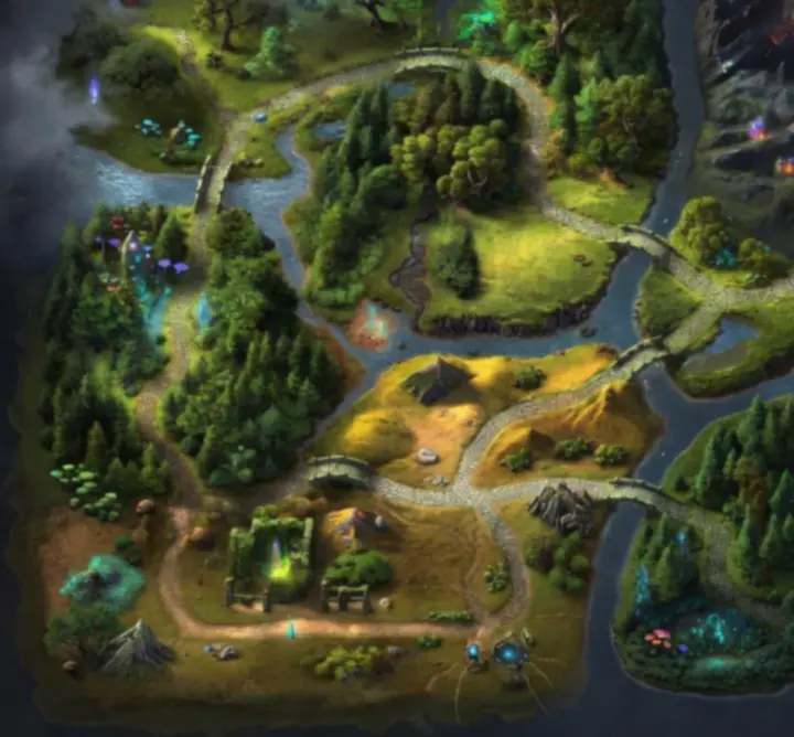 Concept art of a looping map with strategic terrain placements.