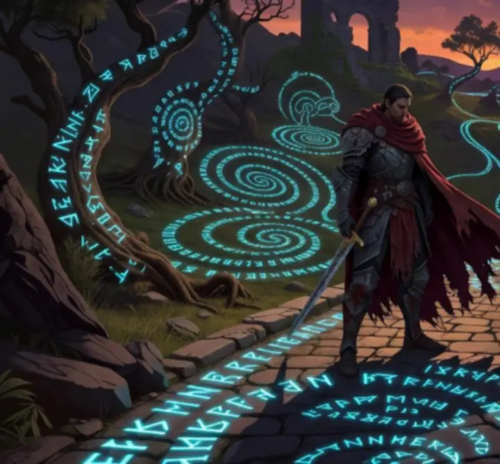 Atmospheric scene of a lone hero standing on a looping path in Look B.V.