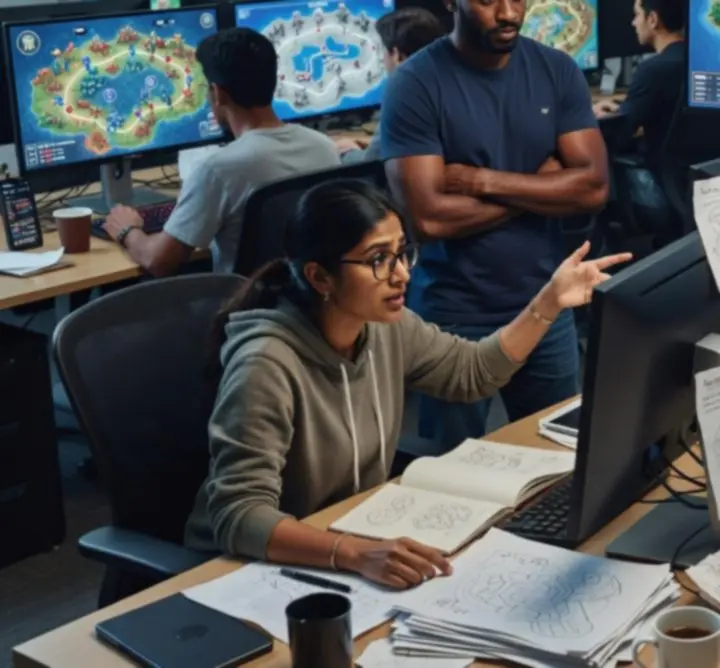 The Look B.V. development team reviewing a loop map and card layouts on multiple monitors.
