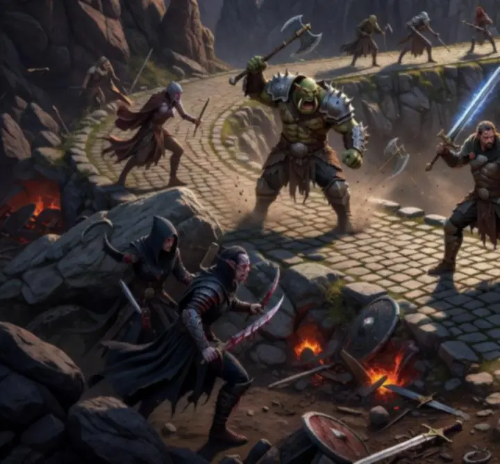 Hero clashing with multiple enemies on a dark looping road in a tactical encounter.
