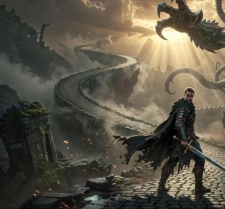 Hero confronting a towering boss during an intense loop battle.