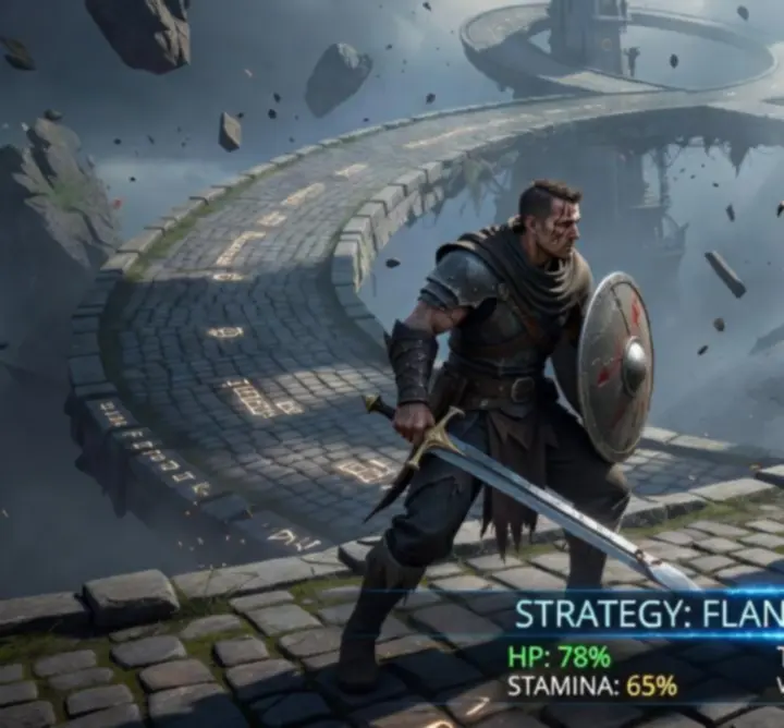 Hero confronting enemies on a looping path with an ominous boss looming in the background