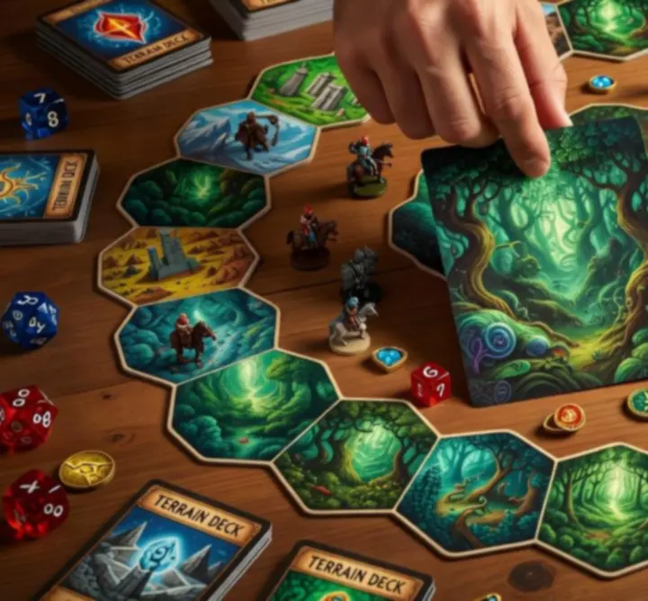 Terrain cards arranged around a looping path, visualising how they reshape the world
