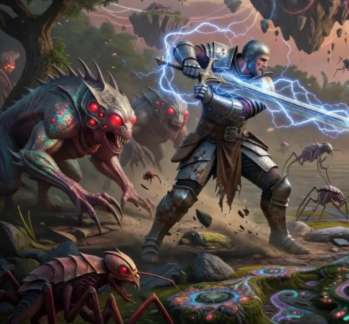 Hero and enemy lineups facing each other on a tactical battlefield in Look B.V.