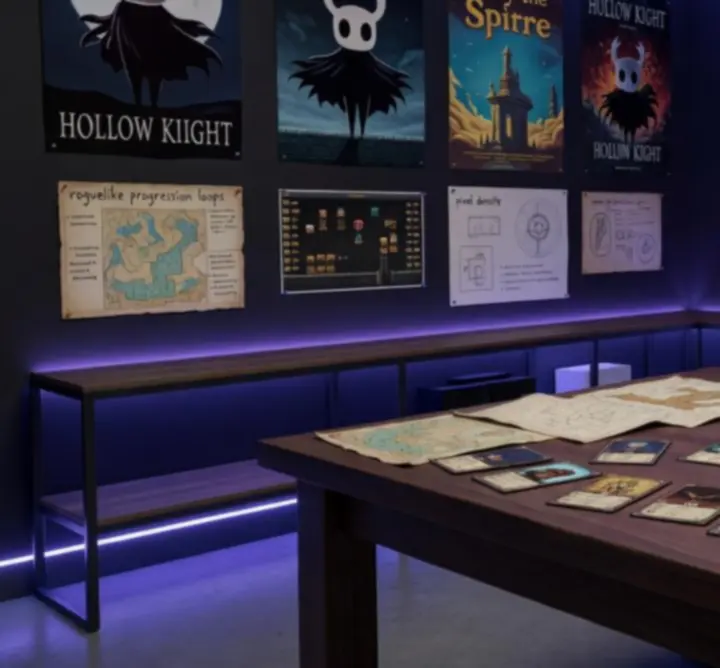 Neon-lit arcade lounge evoking indie roguelike and strategy game inspiration