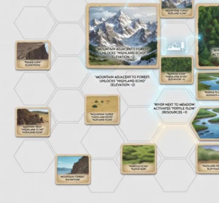 Diagram showing terrain cards forming powerful synergies in Look B.V..