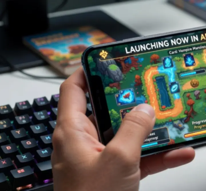 Look B.V. gameplay running on a mobile device, showing a looping path and tactical card placement.