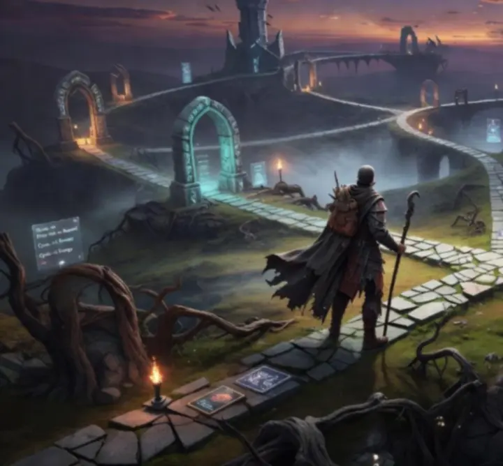 Cinematic overview map showing a looping expedition path with enemies and cards.