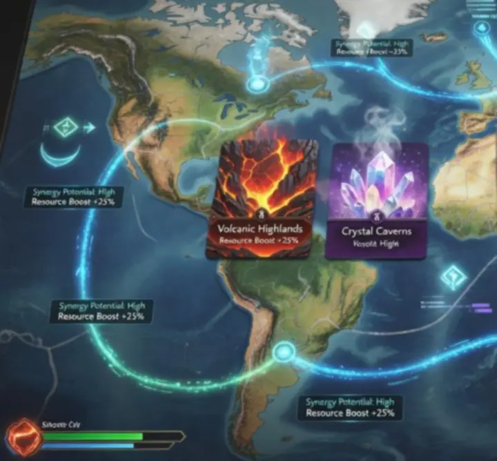 Strategic deck synergy layout showing terrain and enemy cards forming a powerful loop