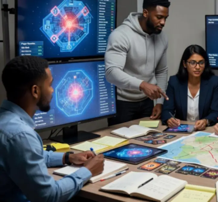 Strategy-focused team collaborating in a modern workspace with screens displaying maps and game data