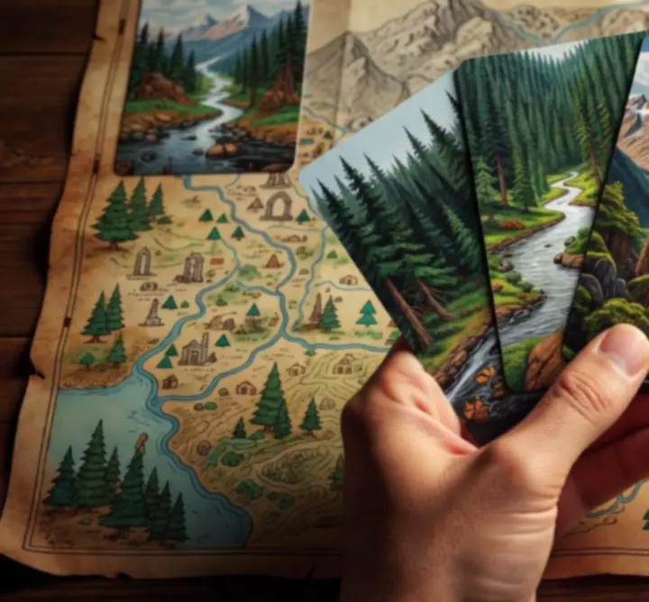 A fan of terrain cards used to sculpt the expedition loop in Look B.V..